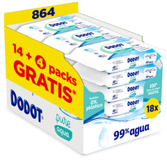 Dodot Toallitas Pure Aqua Para Bebé 18 Paquetes De 48 Unidades = 864 Toallitas, Ayuda A Restaurar El PH Natural De La Piel, 99% Agua