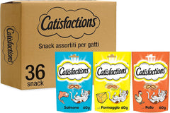 Catisfactions Snack Variedade para gato, caixa mista de 3 sabores, 36 unidades