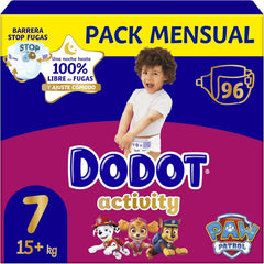Dodot Pañales Bebé Activity, Talla 7 (15+ kg), 96 Pañales, Hasta 12h de Protección Antifugas y Ajuste, Pack Mensual