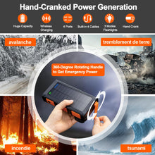 Carregar imagem no visualizador da galeria, Powerbank Solar Inalámbrico de 26800mAh con Manivela y 4 Cables, Batería Externa de Carga Rápida 3A con 7 Salidas y 4 Entradas, Linterna, Panel Solar Impermeable para Teléfono Móvil en Exteriores.

