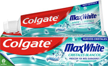 Carregar imagem no visualizador da galeria, Pasta de dentes Colgate Max White pasta de dentes cristais brancos 12 x 75 ml, frescura melhorada por UltraFreeze, 10 x mais durável, recupera o branco natural dos seus dentes, explosão instantânea de fresco
