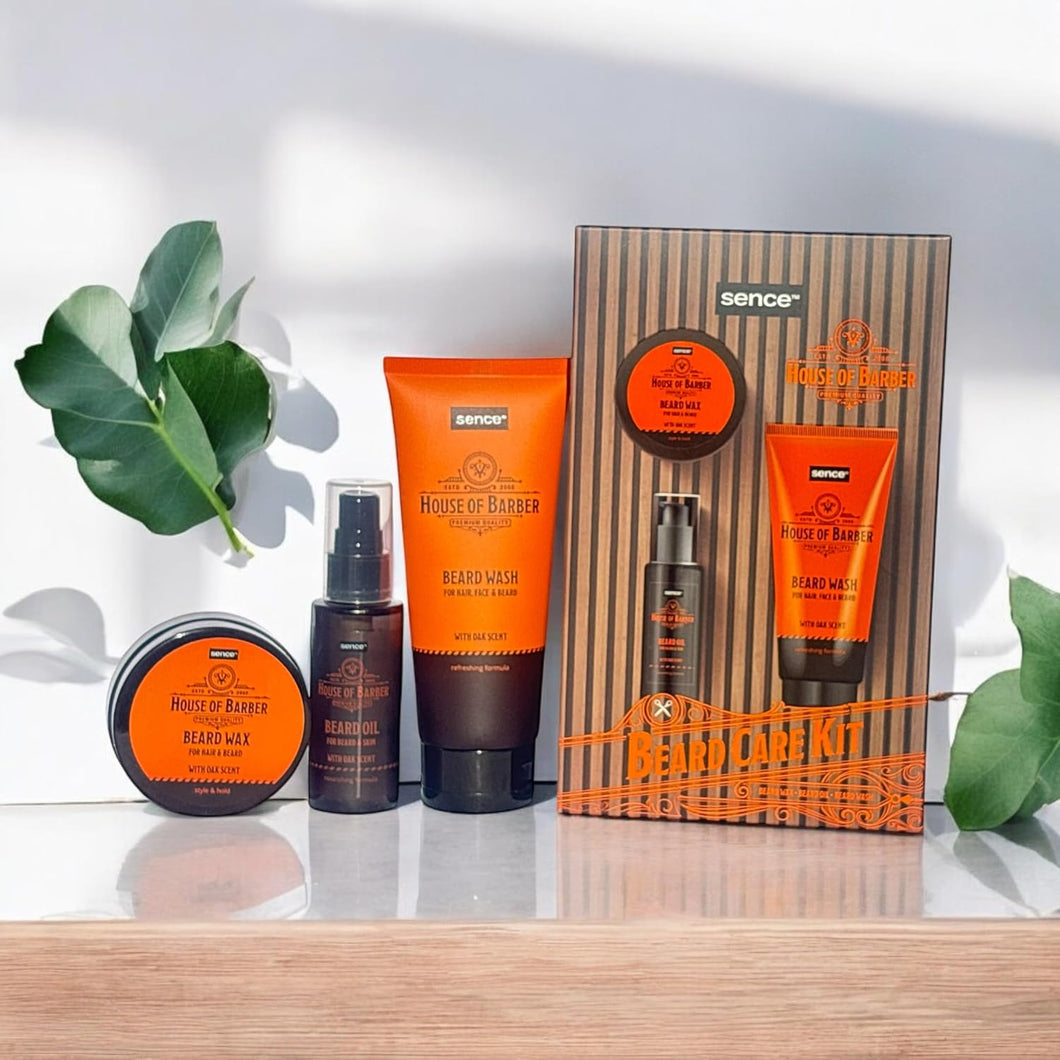 Kit de cuidados para barba e cabelo com champô, óleo e cera 3 peças