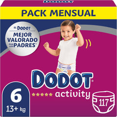 Pañales Dodot Activity talla 6, +13 kg, 117 unidades con ajuste duradero
