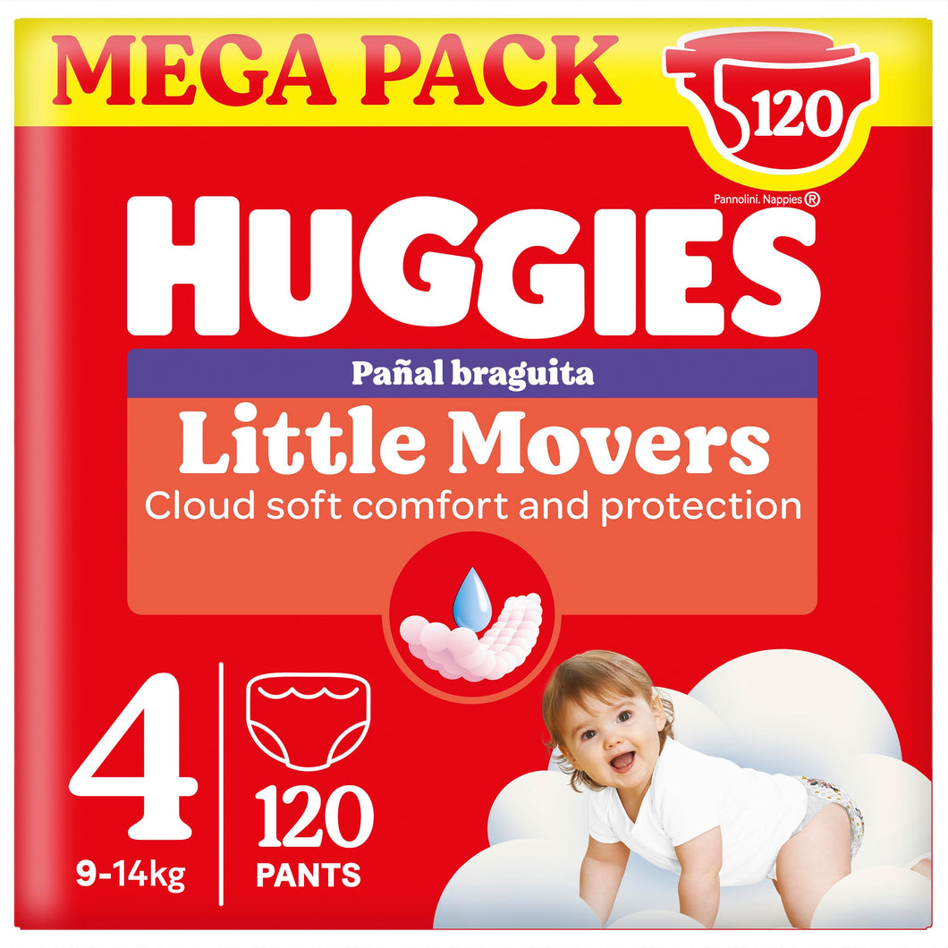Huggies Little Movers Pañal Braguita para Bebé con Diseños Disney Talla 4 (9-14 kg), 4 Packs de 30, Total 120 Pañales - Exclusivo Online