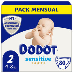 Dodot Pañales Bebé Sensitive Talla 2, 80 Pañales (4-8 kg), Hasta 12 h De Protección Antifugas y Cuidado de la Piel