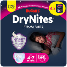 Carregar imagem no visualizador da galeria, Huggies DryNites Pañales para Niña 4-7, 17-30 kg, Clínicamente Probado con 5 Capas de Óptima Protección Nocturna, 4 Packs de 16, Total 64 Pañales Desechables de Noche
