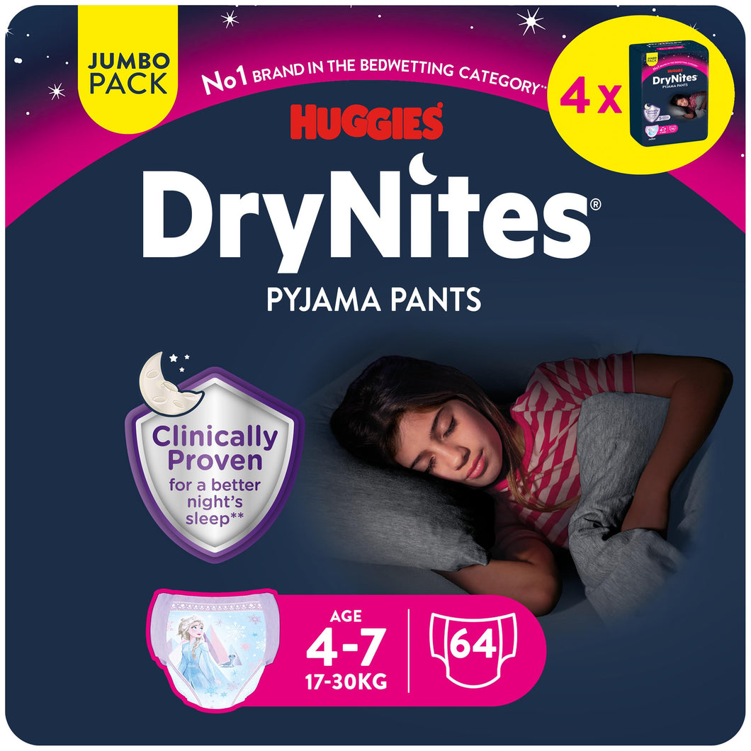 Huggies DryNites Pañales para Niña 4-7, 17-30 kg, Clínicamente Probado con 5 Capas de Óptima Protección Nocturna, 4 Packs de 16, Total 64 Pañales Desechables de Noche