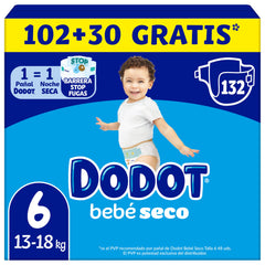 Dodot Pañales Bebé-Seco, Talla 6 (13-18 kg), 132 Pañales + 1 Pack de 10 Toallitas Regalo de Aqua Plastic Free, Una Noche Hasta Un 100% Libre De Fugas, Pack Mensual