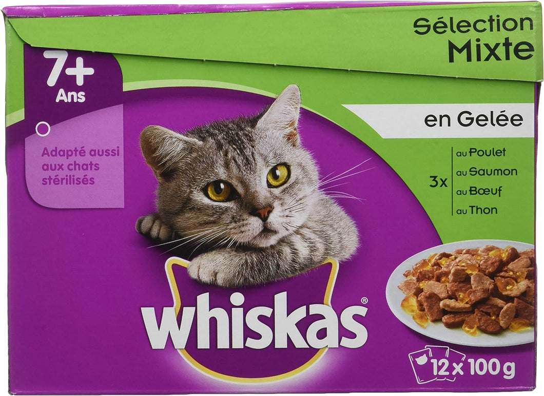 Whiskas 7+ 12 X 100g Comida para Gatos, Sabores: Frango, Salmão, Carne e Atum - Alimento Completo e Balanceado com Ingredientes Naturais