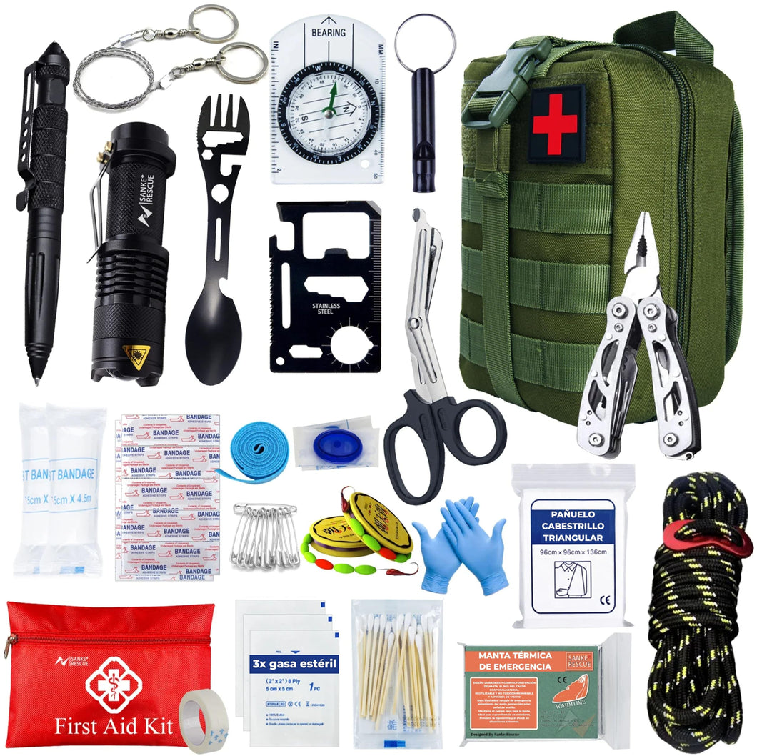Kit Supervivencia UE 2025 con Mochila Botiquín y Linterna, Manta Térmica Supervivencia, Cuchillo Supervivencia Militar Profesional más Hacha, Tiritas, Vendas, Silbato y Brújula (Guardian - Estándar)