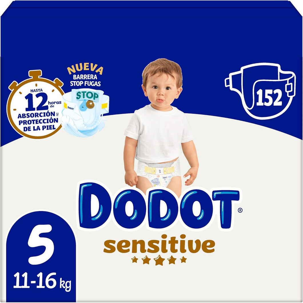 Dodot Fraldas de bebé sensível tamanho 5 (11 - 16 kg), 152 fraldas + 4 calças grátis, ótima proteção da pele de Dodot, pack mensal