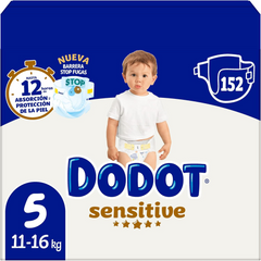 Dodot Fraldas de bebé sensível tamanho 5 (11 - 16 kg), 152 fraldas + 4 calças grátis, ótima proteção da pele de Dodot, pack mensal
