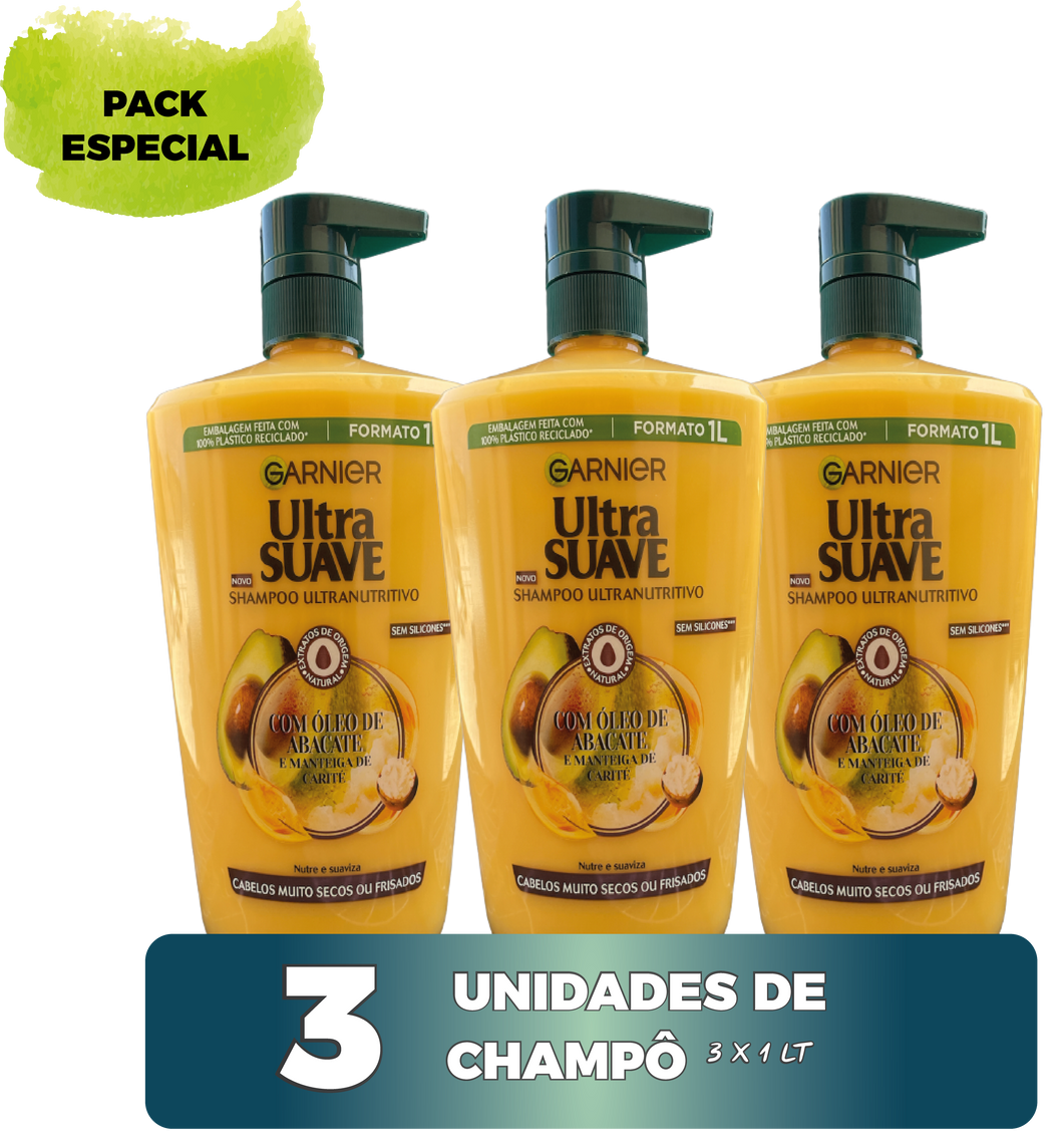 Garnier Ultra Suave - Pack 3X1L - Champô Óleo de Abacate e Manteiga de Carité - Nutrição Intensa - 3 Litros