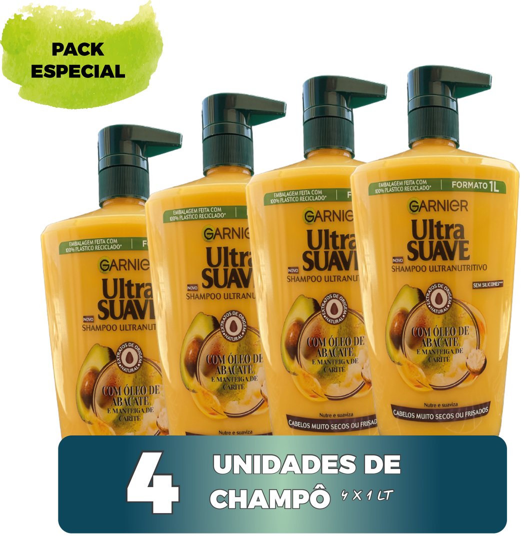 Garnier Ultra Suave - Pack 4X1L - Champô Óleo de Abacate e Manteiga de Carité - Nutrição Intensa - 4 Litros
