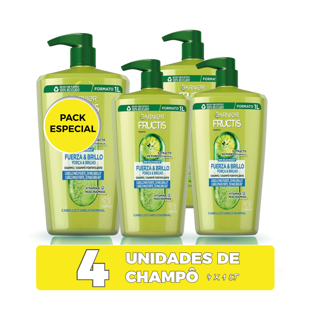 Garnier Fructis - Pack 4X1L Champô Fortificante Força e Brilho - Cabelos Saudáveis - 4 Litros