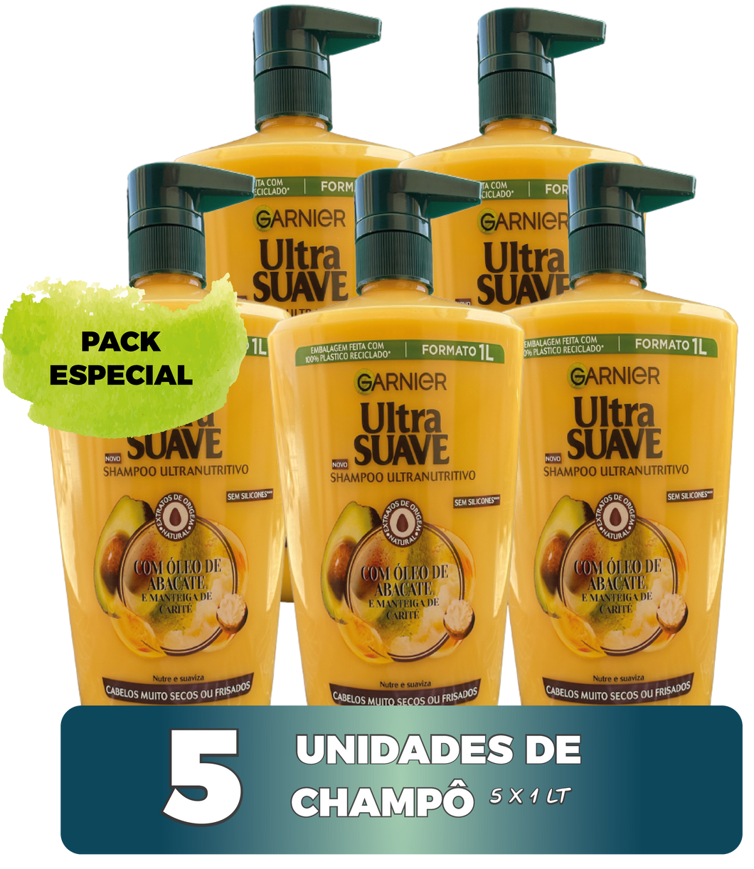 Garnier Ultra Suave - Pack 5X1L - Champô Óleo de Abacate e Manteiga de Carité - Nutrição Intensa - 5 Litros