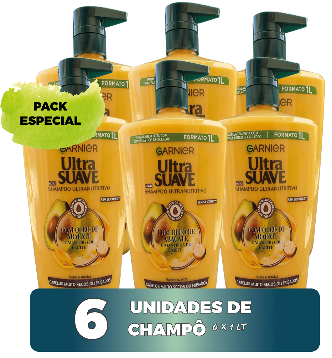 Garnier Ultra Suave - Pack 6X1L - Champô Óleo de Abacate e Manteiga de Carité - Nutrição Intensa - 6 Litros