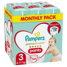 Carregar imagem no visualizador da galeria, Pampers Pants fraldas tamanho 3 (6-11 kg), Premium Care, embalagem de 144 unidades, fraldas com bolso para parada e proteção à prova de fugas na parte de trás

