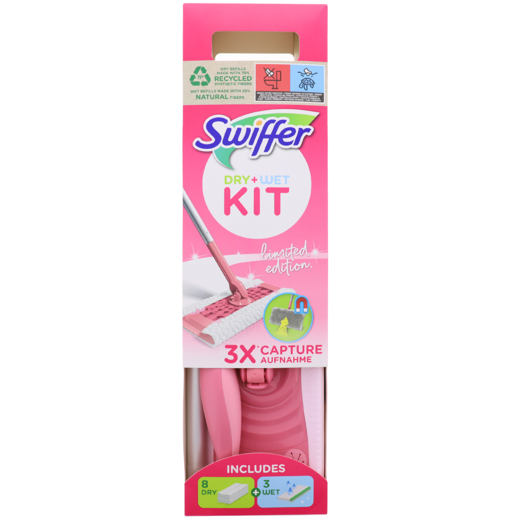 Swiffer Kit de limpeza para pó seco, 1 esfregona rosa 8 panos secos 3 panos húmidos, captura e captura o pó e o cabelo, elimina a sujidade e as bactérias, para todos os tipos