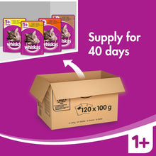 Carregar imagem no visualizador da galeria, Whiskas - Bolsas de comida húmeda, deliciosa y sabrosa selección de aves en gelatina, adecuada para gatos de 1 a 1 años, mega paquete de 120 x 100 g
